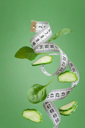 White measuring tape with pieces of vegetables and herbs on a green backgroundの写真素材