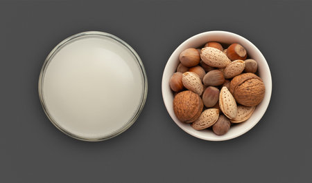 Nuts and nut milk, top view on black backgroundの写真素材