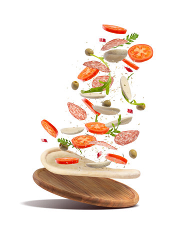 Diablo pizza with sausages, tomatoes and cheese on a white background. Pizza constructor. levitation.の写真素材
