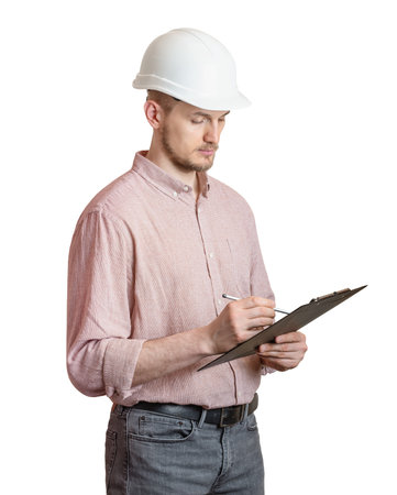 male engineer in a hard hat on a white
