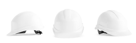 white construction helmet on a white background in three different angles