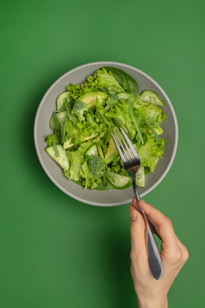 green vegetable salad on green backgroundの写真素材