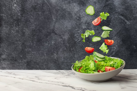Lettuce falling into a glass salad bowl. Healthy food, diet. Levitating salad.の写真素材