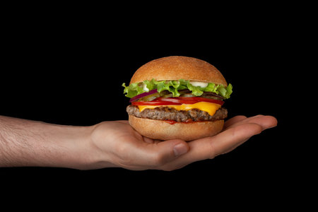 burger with cheese and beef in a male hand on a black backgroundの写真素材