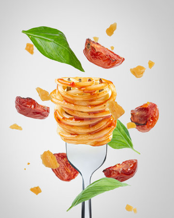 Bolognese pasta with tomatoes and cheese. Falling ingredients. levitation.