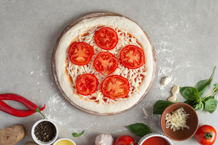 The process of making margarita pizza. Male hands, top view. Tomato paste with cheese.の写真素材