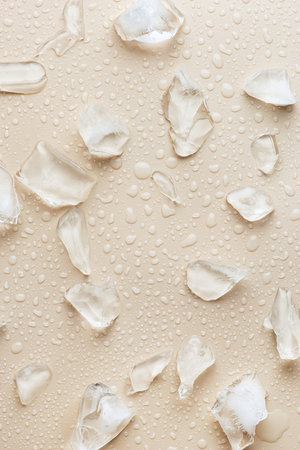 Water drops and ice on beige backgroundの写真素材