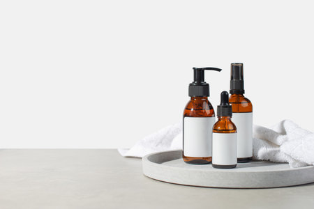 background with cosmetic products for body care. gray bathroom. Means for massage.の写真素材