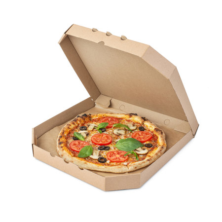 Pizza margherita with tomatoes and mushrooms on a white isolated backgroundの写真素材
