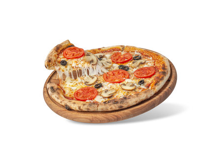 Pizza margherita with tomatoes and mushrooms on a white isolated backgroundの写真素材
