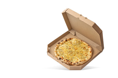 Four cheese pizza on a white isolated backgroundの写真素材