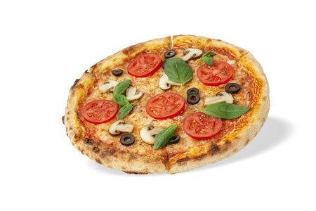 Pizza margherita with tomatoes and mushrooms on a white isolated backgroundの写真素材