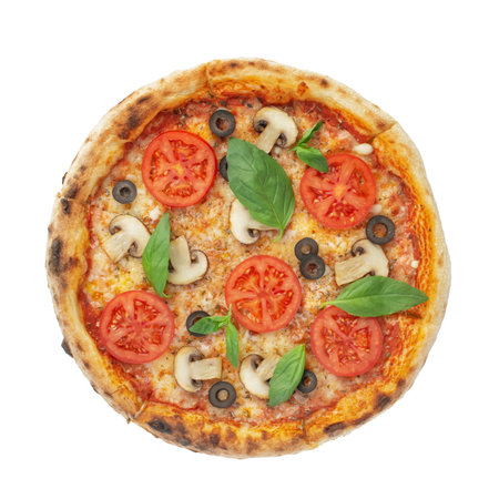 Pizza margherita with tomatoes and mushrooms on a white isolated backgroundの写真素材