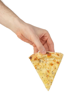 A slice of pizza four cheeses in a hand on a white isolated backgroundの写真素材