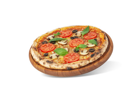 Pizza margherita with tomatoes and mushrooms on a white isolated backgroundの写真素材