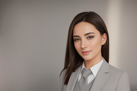 Close-up portrait of a girl in a business suit on a plain gray background. generated by AIの素材