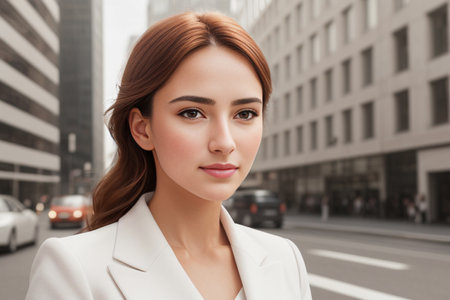 Portrait of a young woman in a business suit on the background of the city. AI generatedの素材