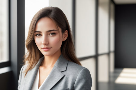 Portrait of a young woman in a business suit sitting in the office. AI generatedの素材