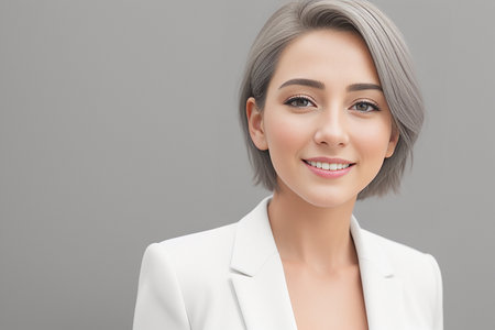 Close-up portrait of a girl in a business suit on a plain gray background. generated by AIの素材