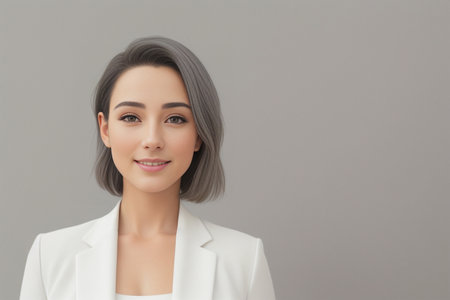 Close-up portrait of a girl in a business suit on a plain gray background. generated by AIの素材