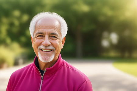 Close-up portrait of an elderly man grandfather in the park. AI generatedの素材