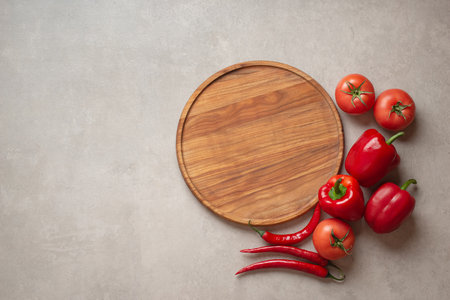 Wooden cooking board with vegetables and spices on a gray concrete background, top viewの写真素材