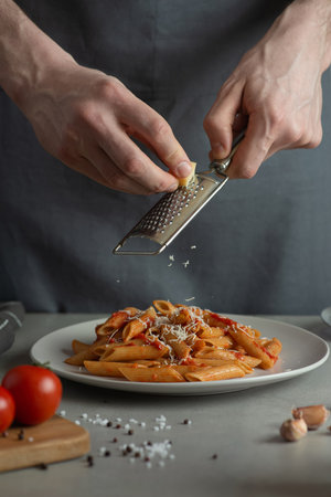 Man cooking pasta, grating cheeseの写真素材