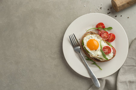 Toast with avocado, egg, cheese and tomatoes in a gray plate on a gray stone backgroundの写真素材