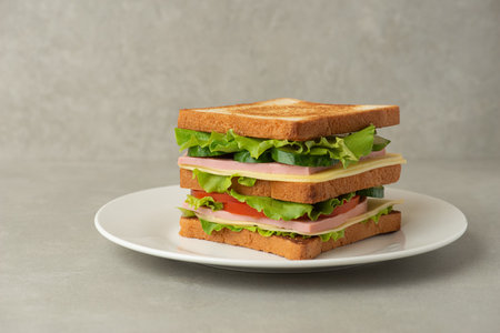 sandwich with meat, cheese and vegetables on a gray backgroundの写真素材