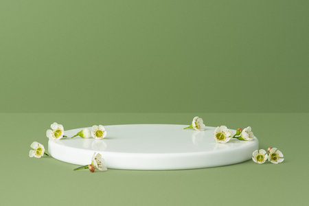 Green background with flowers and white podiumの写真素材