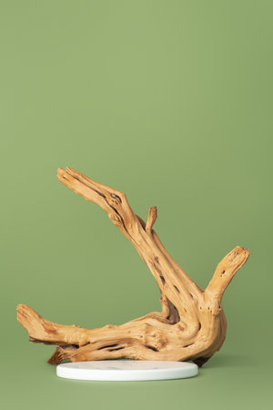 White round podium with dry tree root on green backgroundの写真素材