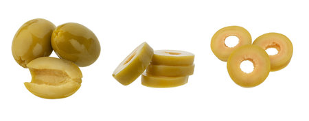 Green olives cut isolated on white backgroundの写真素材