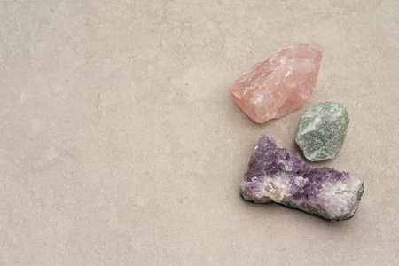 Healing Crystals on Neutral Background with Copy Spaceの写真素材