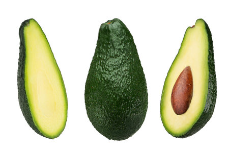 Floating Whole and Half Avocado with Seed Isolated on White Background
