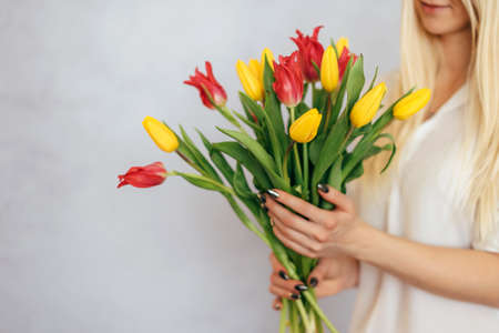 beautiful yellow and pink tulips girl holding hands on white backgroundの写真素材