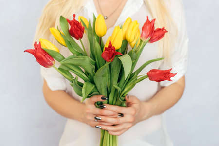 beautiful yellow and pink tulips girl holding hands on white backgroundの写真素材