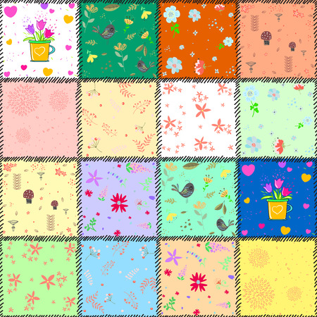 Colorful background with flowers and hearts.