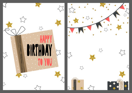 Set of Happy Birthday greeting hand drawn modern card background.のイラスト素材