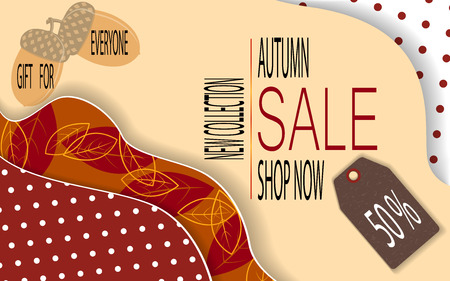 Bright banner for autumn sale with autumn leaves on geometric background. Vector illustration.のイラスト素材