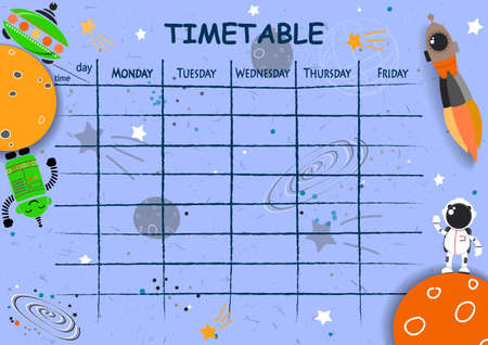 School timetable background with hand drawn space elements. Vector illustration.のイラスト素材