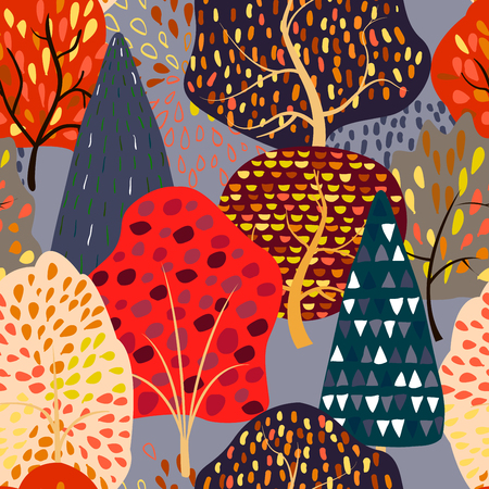Seamless background with stylized autumn trees. Forest bright pattern.のイラスト素材