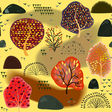 Seamless background with stylized autumn trees. Forest bright pattern.のイラスト素材