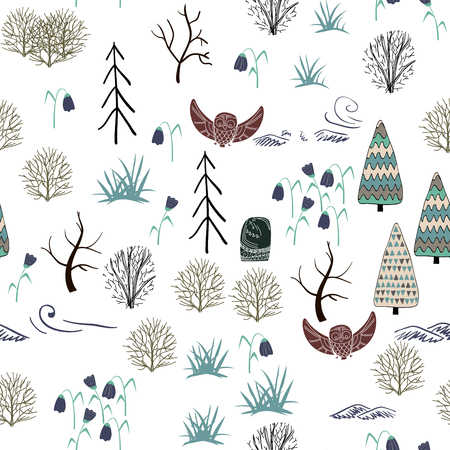 Seamless pattern with forest elements and hand drawn shapes. Childish texture. Vector illustrationのイラスト素材