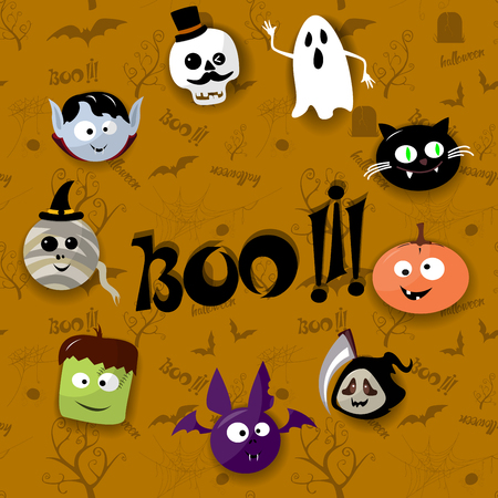 Happy Halloween card with vampire, mummy, skull, bat, pumpkin and zombie. Vector illustrationのイラスト素材