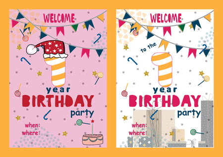 Set of Happy birthday cards design for one year old baby Vector illustrationのイラスト素材