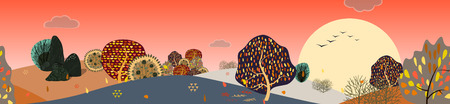 Background with stylized autumn trees. Forest bright landscape. Vector illustrationのイラスト素材