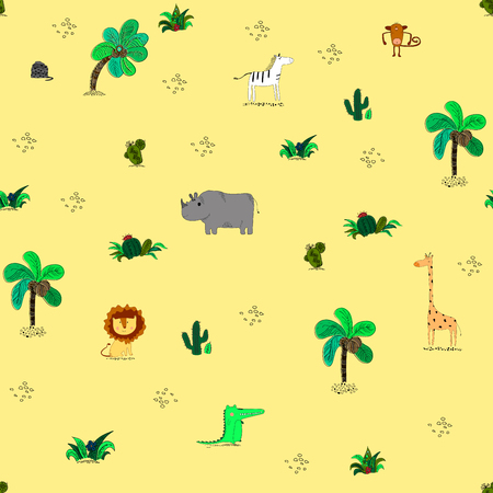 Seamless pattern with cute african animals and tropical plants. Creative jungle childish texture.のイラスト素材
