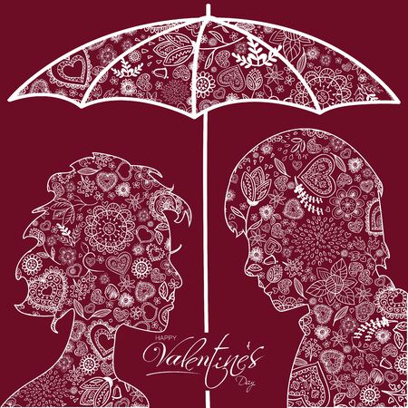 Valentines Day greeting card with lovers and umbrellaのイラスト素材