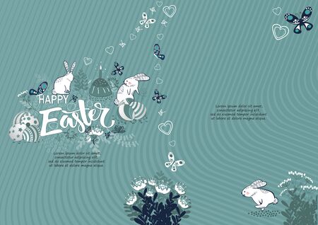 Handdrown Easter background with eggs, rabbit and flowers.のイラスト素材