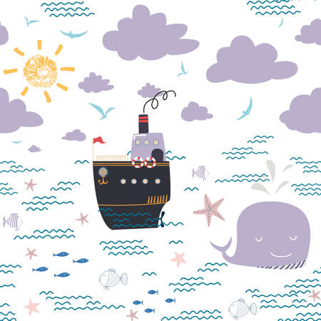 Marine baby seamless pattern with cute marine lifeのイラスト素材